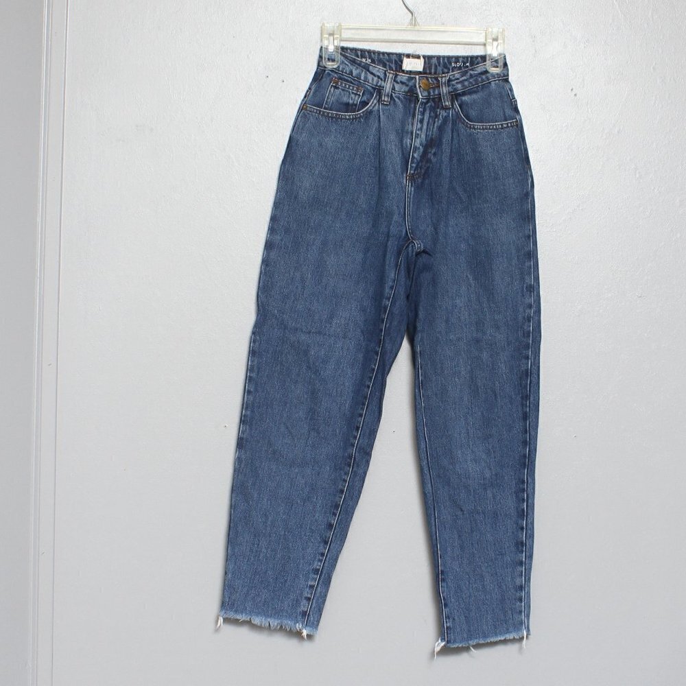 Genie slouch dark wash tapered high rise raw hem jeans